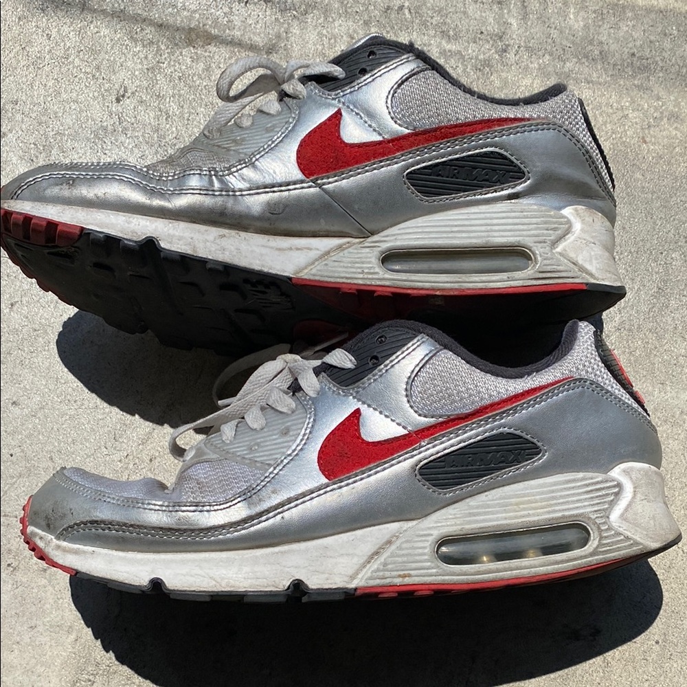 Nike Metallic Silver and Red Air Sneakers